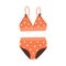 Female two-piece swimsuit. Top and bottom of swimwear. Women bikini with pattern, wireless cups, wide elastic band on