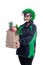 Female uber delivery wearing helmet bring groceries