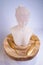 Female upper body mannequin with a necklace on put on a piece of wood