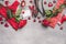 Female Valentines day or Dating accessories in red color: shoes, panties, roses flowers, candles, crown and blank paper card with