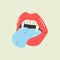 Female vampire lips. Funky cartoon womans open mouth with tongue, Dracula teeth