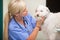 Female veterinarian examining dog