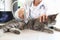 Female veterinarian makes ultrasound diagnosis for cat in clinic.