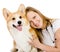 Female veterinarian and Pembroke Welsh Corgi dog.