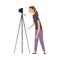 Female Video Operator Looking Through Camcorder on Tripod, Videographer with Professional Equipment Cartoon Vector