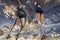 Female volleyball players jumping close-up