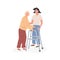 Female volunteer helps elderly patient with orthopedic walker. Caregiver or relative walking together with old age woman