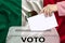 Female voter lowers the ballot in a transparent ballot box against the background of the mexico national flag, concept of state