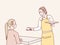 Female waitress serving coffee to customer in the cafe simple korean style illustration