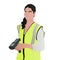 Female warehouse worker with barcode scanner isolated on white