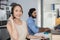 Female wear headset operator worker call center hotline. woman working customer support service operator. communication in