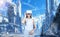 Female wear VR headset enjoy look fantasy building in metaverse. Hallucination.