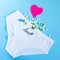 Female white panties with bow, birth control pills or vitamin, pink paper heart and positive pregnancy test on blue background.