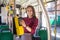 Female Woman paying conctactless with smartphone for the public transport in the tram.