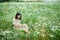 Female woman with pen writing or painting, handwriting on notebook on flower blooming meadow