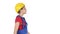 Female worker in hardhat walking happy Construction and architecture concept on white background.