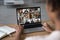 Female worker have webcam digital virtual talk on laptop