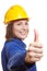 Female worker holding thumbs up