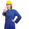 Female worker showing thumbs up