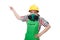 The female worker wearing coverall and gas mask