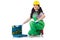 Female workman in green overalls on white