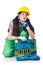 Female workman in green overalls on white