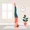 Female Yoga in Flat Style. Vector Illustration of Beautiful Cartoon Woman in Shirshasana Pose of Yoga. Home Sports