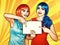 Females with paper in hands. Portrait of young women in comic pop art make-up style