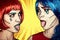 Females in red and blue wigs. Girls show each other tongues