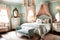 Feminine Bedroom: Pastel Color Palette Dominance, Featuring Plush Textures, Victorian-Style Furniture