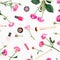 Feminine composition with pink roses and cosmetics on white background. Beauty concept with flowers. Flat lay, Top view.