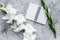 Feminine desk workspace. Notebook and gladiolus on grey stone background top view