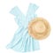 Feminine fashion concept with blue clothing and straw hat on white background. Flat lay, top view
