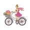 Feminine girl in pink dress riding a bicycle with gift box in front basket