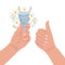Feminine hygiene. Menstrual cup in hand and sign of approval. Protection for a woman in critical days