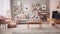 Feminine living room interior design in pink and grey, stylish modern nordic livingroom. generative ai