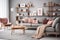 Feminine living room interior design in pink and grey, stylish modern nordic livingroom. generative ai