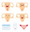 Feminine period characters. Cartoon style - calendar of red days, pad, panties, womb or uterus. Different mood. Menstruation.