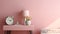 Feminine Pink Nightstand With Clock, Vase, And Chair - Realistic Hyper-detail