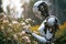 A feminine robot touches flowers in the garden, concept of the synergy between artificial intelligence technology and