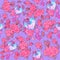 Feminine seamless pattern full of neon cherry flowers glowing and blooming. Pink perfume bottles made of crystal and spring garden
