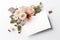 Feminine wedding, birthday mockup scene. Greeting card from a blank slate. Floral arrangement of pink English roses. White