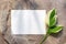 Feminine wedding invitation mockup. White-green hosta leaves, blank card and tulle ribbon. Beige textured grunge background.