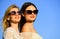 Femininity concept. Beautiful women on sunny day blue sky background. Sisterhood and female community. Female friendship