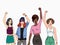 Feminism concept. Different young modern girls with hands up. Colorful illustration.