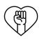 Feminism movement icon, raised hand in heart, female rights pictogram line style