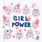 Feminism poster Girl power card, Feminists. Women`s faces icons on a sheet of exercise book, Informal girls, Punk rock