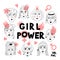 Feminism poster Girl power card. Women`s faces, Informal girls, Punk rock women Feminists. Creative hand-drawn