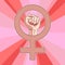 Feminism symbol, feminine woman gender icon with pride fist in middle circle with colored pink nails and pink rays background.