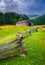 Fence and barn on a foggy morning, at Cade\'s Cove, Great Smoky M